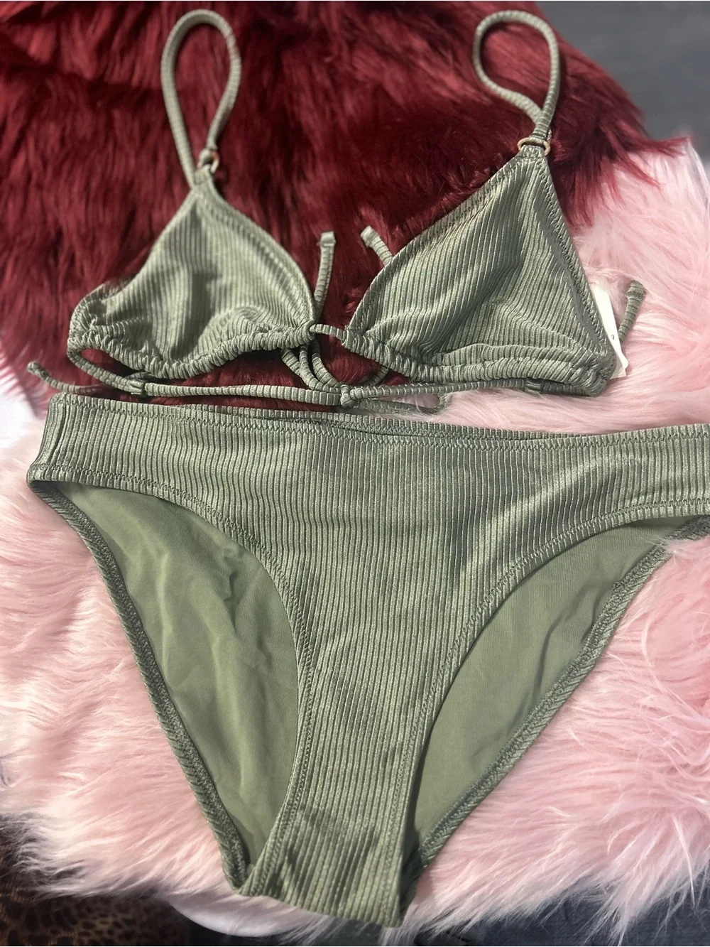 NWT Aerie Shine Ribbed Olive Ribbed Triangle String Bikini Set